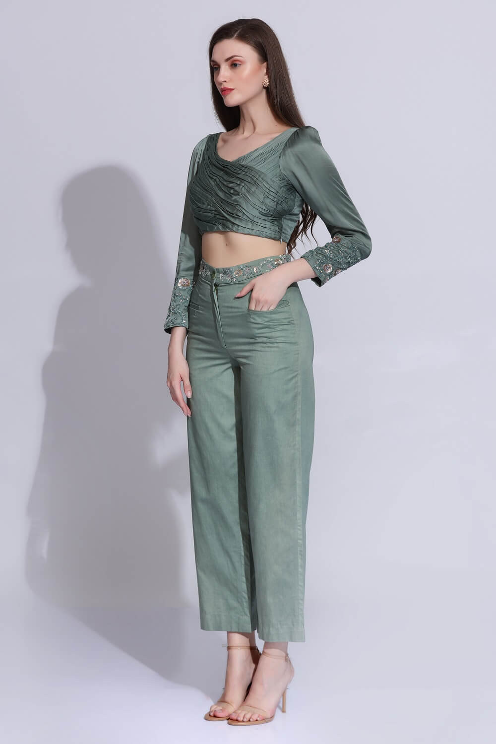 PLEATED CROP TOP & WAISTBAND EMBROIDERED PANTS SM-67