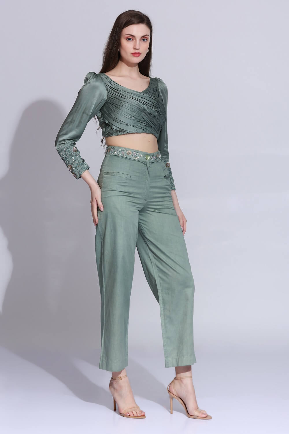 PLEATED CROP TOP & WAISTBAND EMBROIDERED PANTS SM-67