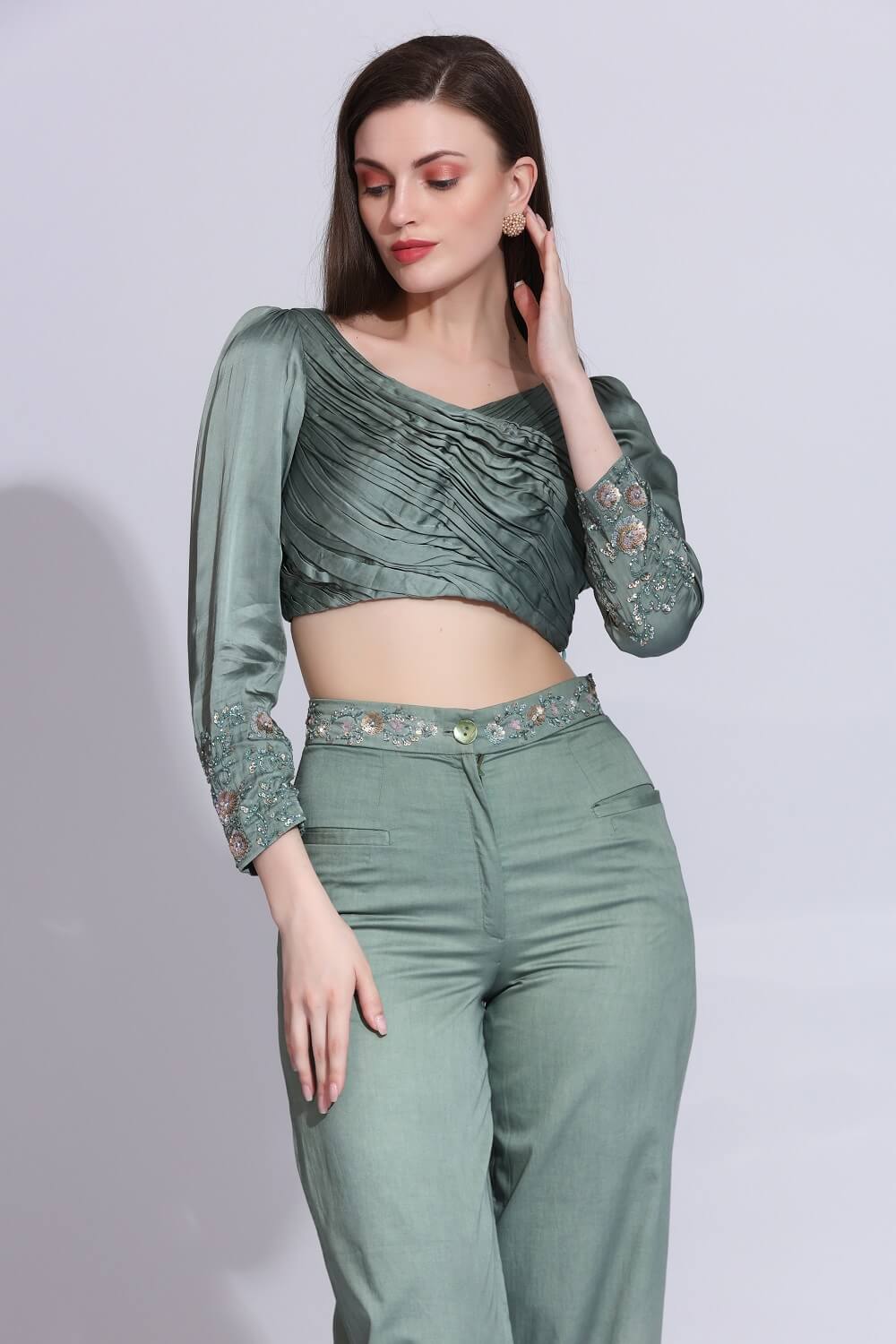 PLEATED CROP TOP & WAISTBAND EMBROIDERED PANTS SM-67