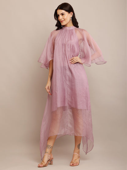 SHADE OF LILAC NECK EMB DRESS