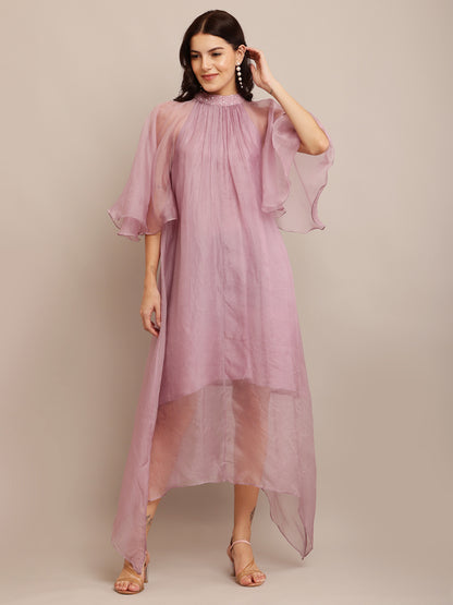 SHADE OF LILAC NECK EMB DRESS
