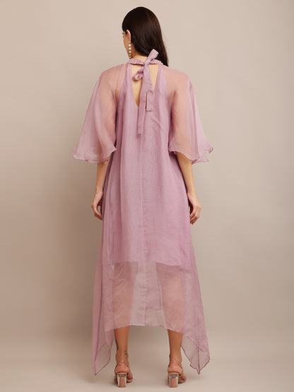 SHADE OF LILAC NECK EMB DRESS