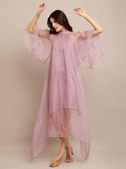 SHADE OF LILAC NECK EMB DRESS