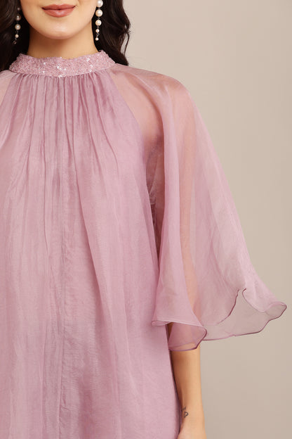 SHADE OF LILAC NECK EMB DRESS