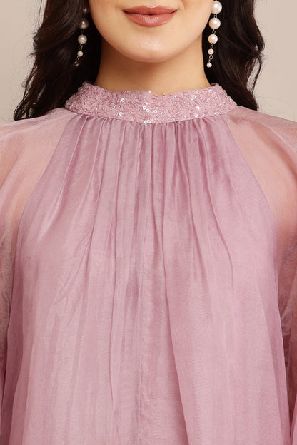SHADE OF LILAC NECK EMB DRESS