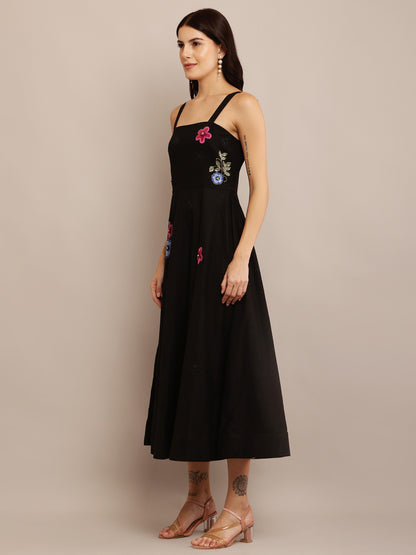 GREEN FLORAL BLACK DRESS