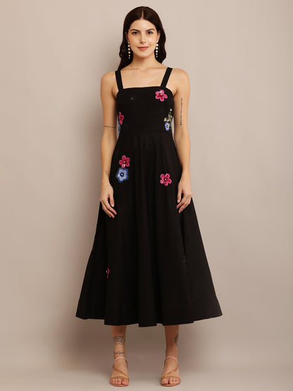 GREEN FLORAL BLACK DRESS