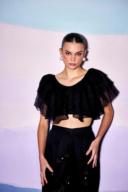 BLACK FRONT FRILL TOP & FLORAL BLACK PANTS – AW10