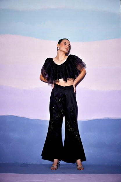BLACK FRONT FRILL TOP & FLORAL BLACK PANTS – AW10