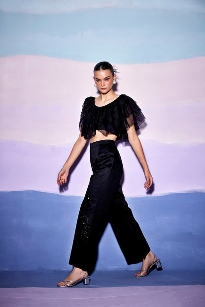 BLACK FRONT FRILL TOP & FLORAL BLACK PANTS – AW10