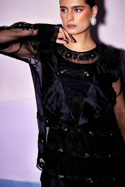 BLACK FRONT FRILL TOP & SILK PANTS – AW9