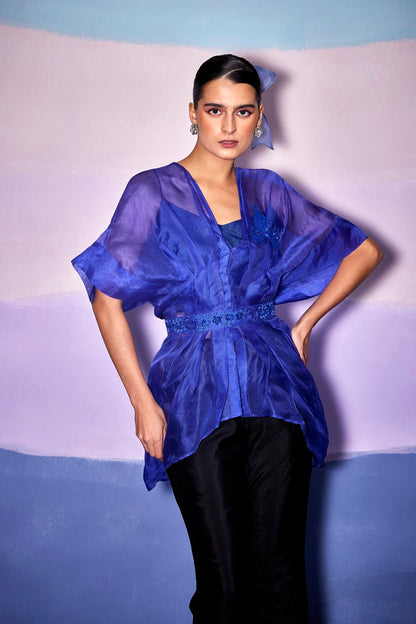 PEPLUM SHORT DRESS & BLACK SILK PANTS– AW71