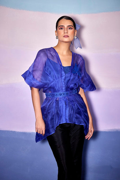 PEPLUM SHORT DRESS & BLACK SILK PANTS– AW71