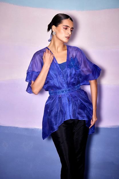 PEPLUM SHORT DRESS & BLACK SILK PANTS– AW71