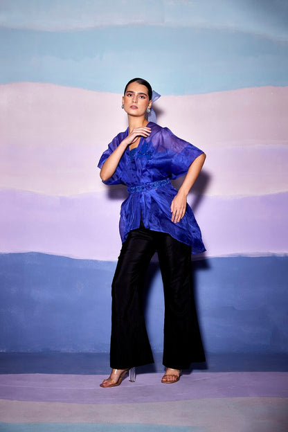 PEPLUM SHORT DRESS & BLACK SILK PANTS– AW71