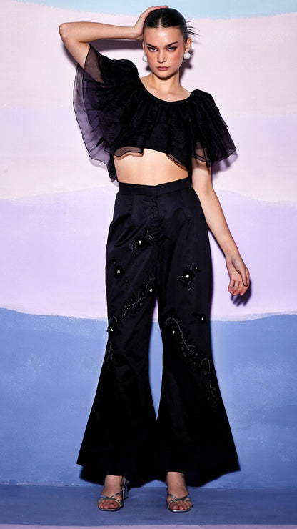 BLACK FRONT FRILL TOP & FLORAL BLACK PANTS – AW10