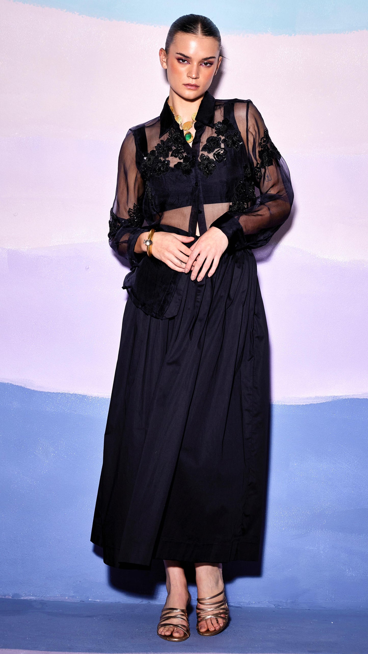 BLACK FLORAL SHIRT & SKIRT– AW69